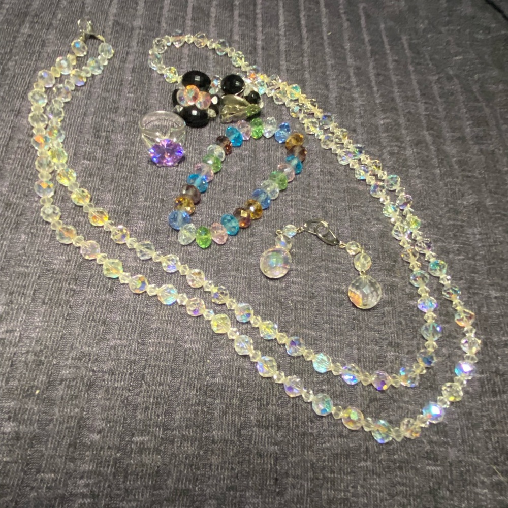 Aurora Borealis jewelry set: necklace, earrings, ring, bracelet